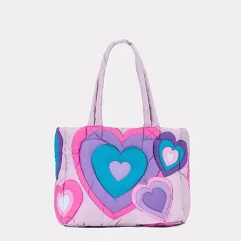 Válltáskák nőknek Olyan aranyos steppelt táskák Contast szín rózsaszín és lila szerelem nagy kapacitás minden meccs pamut puha divat