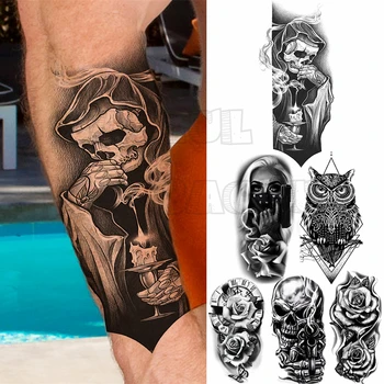 Egyedi koponya gyertya ideiglenes tetoválások férfiaknak Nők Valósághű bagoly rózsa iránytű Hamis Tatoos 3D alkar vízálló tetoválás matrica