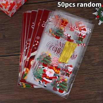 50Pcs karácsonyi cukorka ajándék csomagoló táska szalagkötéssel Sütik sütése Karácsonyi műanyag zacskók Gyerek party szívességek csomagolózsákok