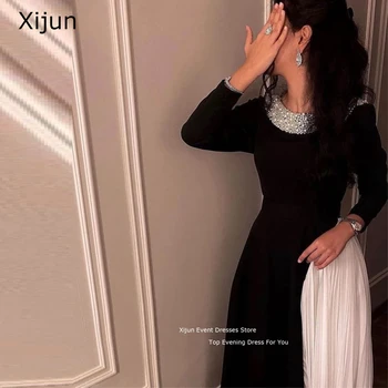 Xijun fekete gogerous estélyi ruha gyöngyök báli ruhák ruha hosszú ujjú szaúdi arab oldalsó redők szalagavató ruhák női partiruhák