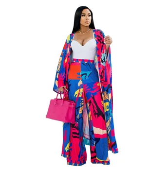 afrikai női ruhák Tavasz ősz elegáns afrikai hosszú ujjú poliészter nyomtatás 2 részes kabát hosszú nadrág hozzáillő szettek