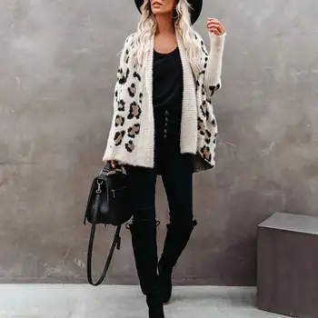 pulóver Cardigan Chic Soft Warm Classic Leopard Print Laza pulóver kabát Felsőruházat pulóverdzseki Női kötöttáru