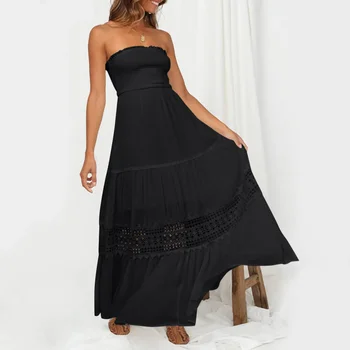Elegáns pánt nélküli hölgy laza maxi party ruha női divat egyszínű csipke ruha nyári üreges hosszú ruha vestidos
