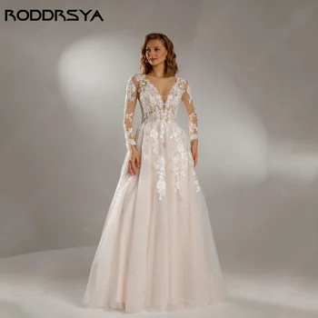 RODDRSY Light Champagen Modern esküvői ruha A-Line Illlusion menyasszonyi ruha Hosszú ujjú csipke rátétes A-Line vestido de noiva