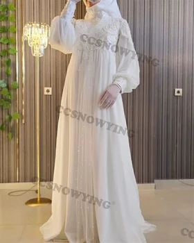 Sifonrátétes gyöngy menyasszonyi esküvői ruha menyasszonynak Hosszú ujjú magas nyakú hidzsáb Muszlim menyasszonyi ruha Dubai Arab Vestidos De Novia
