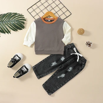 2PCS Baby Boy tavaszi és őszi hosszú ujjú pulóver narancssárga szürke és fehér szín kombináció + fekete farmer nadrág öltöny