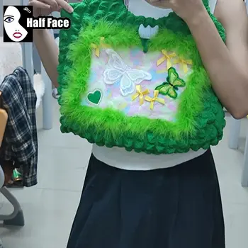 Y2K Fűszeres lányok Harajuku Gótikus kézitáska Zöld plüss Virág Pillangó Szerelem Punk Egyvállú alkalmi női crossbody táskák Tote