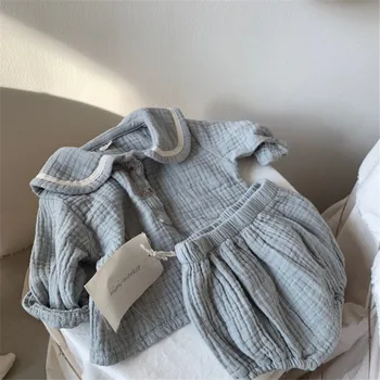 Babaruházati szettek 0-2 évre Bio pamut haditengerészeti tervezés Baby Boys ruhák ingek + Bloomerst 2db gyerek ruha baba jelmez