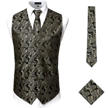 3db férfi arany Paisley ruhamellény + nyakkendő+zseb négyzet 2023 vadonatúj formális üzleti ujjatlan mellény férfi Chaleco Hombre 3XL