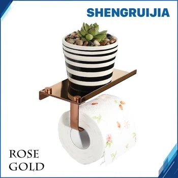 2018 gyönyörű megjelenés rózsa arany tekercspapírtartó polccal falra szerelhető tekercspapír állvány rozsdamentes acél WC-papír állvány