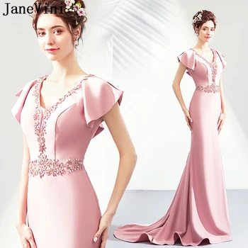 JaneVini 2019 Elegáns sellő rózsaszín koszorúslány ruhák fodros V nyak gyöngyös hát nélküli szatén ruha seprő vonat hivatalos báli ruhák