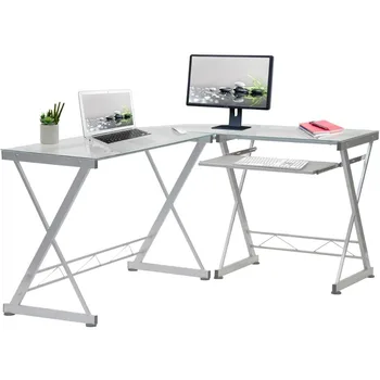 L alakú íróasztal billentyűzettálcával Üveg L alakú íróasztal Professzionális íróasztal otthoni irodához Teherszállítás Ingyenes olvasó számítógép