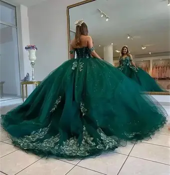 ANGELSBRIDEP smaragdzöld quinceanera ruhák a vállról Elegáns csipke vissza 15 éves parti születésnapi hercegnő hivatalos ruhák