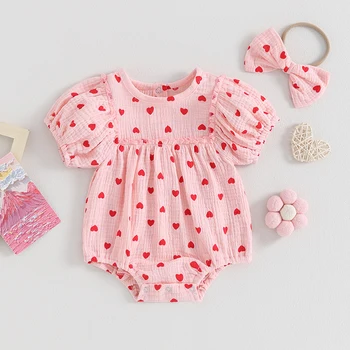 Csecsemő kislány Valentin-napi Romper jumpsuit fejpánt Kisgyermek rövid puffos ujjú szív mintás romper nyári ruha