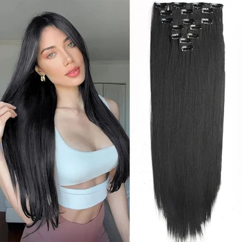 7db/szett 16 klip hajhosszabbítás fekete hosszú, egyenes természetes haj ombre hajfesték hőálló szál nőknek frizura