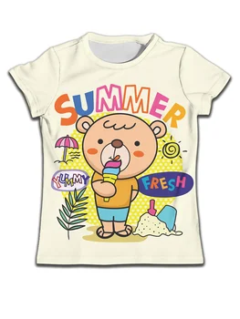 Bear Print póló Gyerek Fiú Lány Ruházat Rajzfilm Rövid ujjú Nyári KID Alkalmi Top Fiú Születésnapi pólók Lányok O-nyakú ruhák