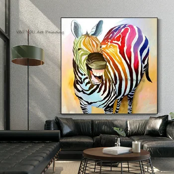 Kézzel festett, kiváló minőségű színes zebraolajfestmény, kézzel készített, vicces, mosolygós állat, zebraolajfestmény falművészethez